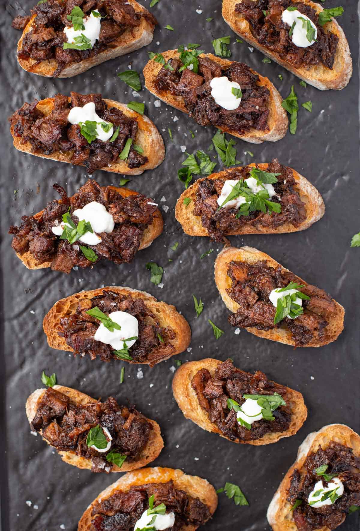 Brisket Bruschetta on a serving platter