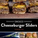 Several smoked cheeseburger sliders on a baking sheet hot off the grill