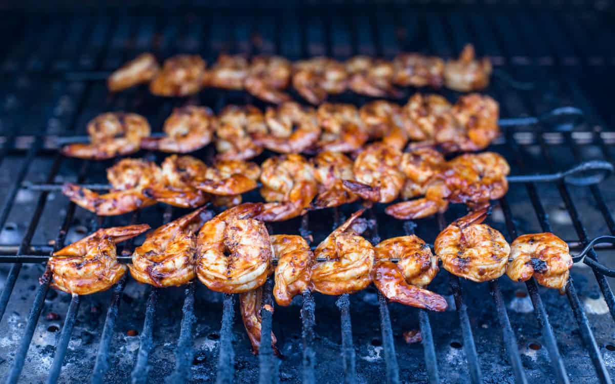 Chipotle marinated shrimp skewers on the grill