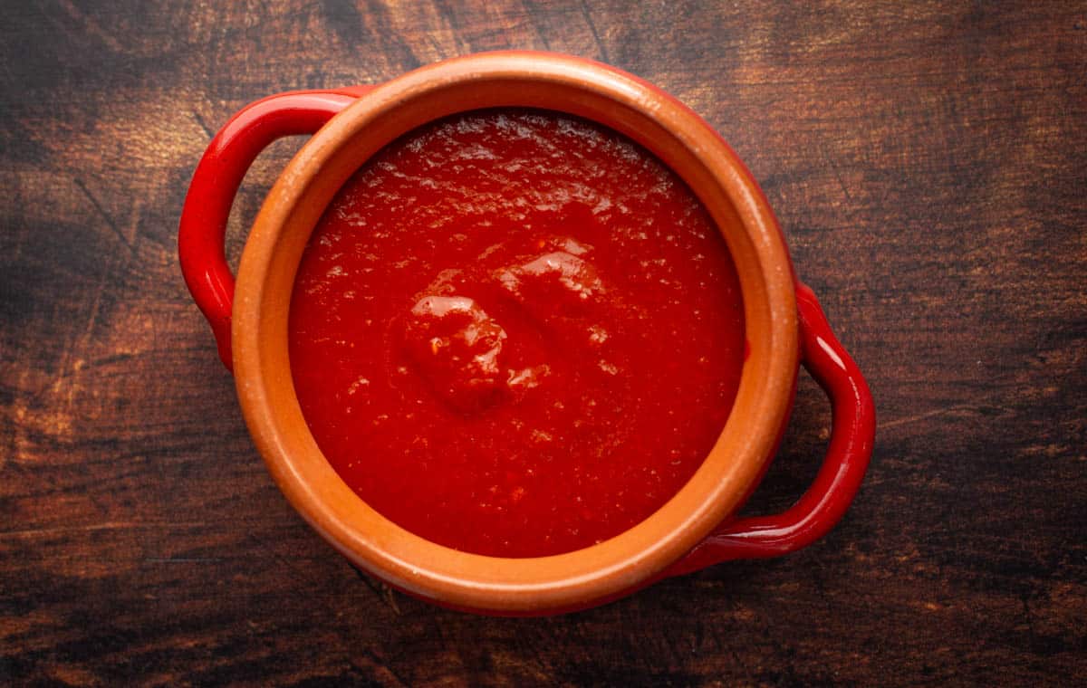 Bowl of authentic red chile enchilada sauce.