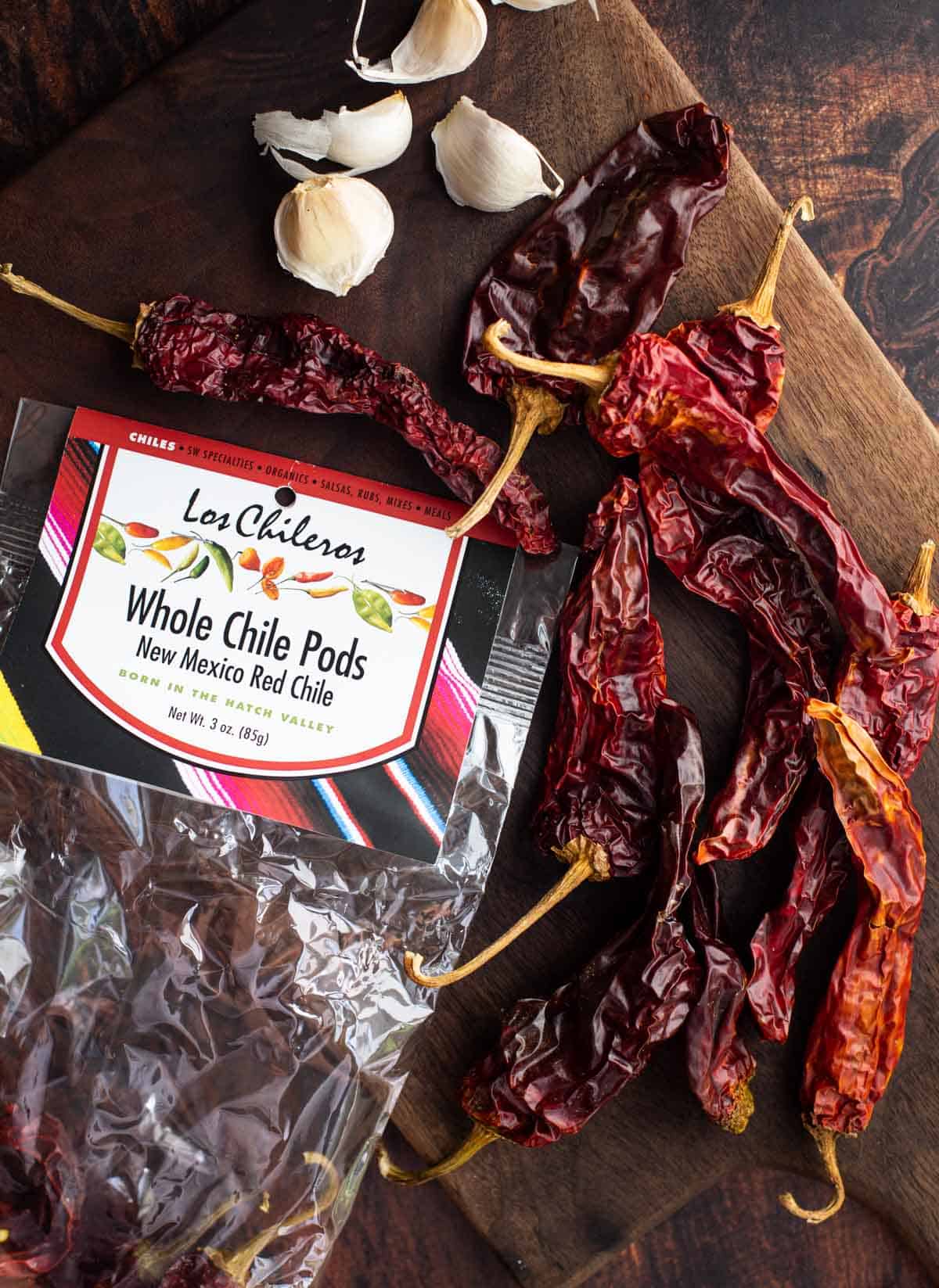 Dried New Mexic0 chiles in a 3-ounce bag.
