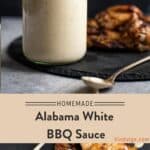 Large mason jar of creamy Alabama white BBQ sauce with spoon and chicken wings in the background