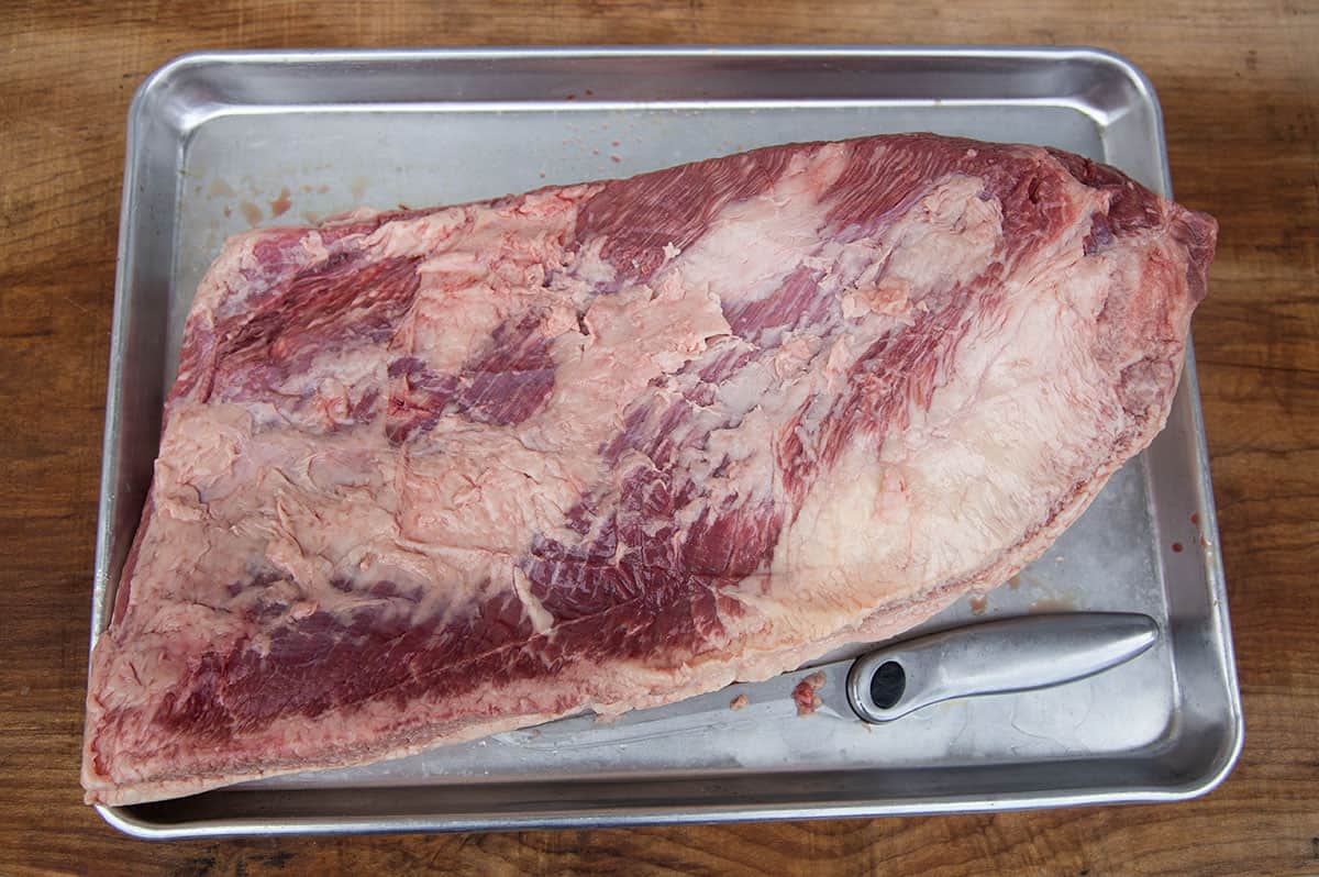 A packer brisket on a sheet tray.