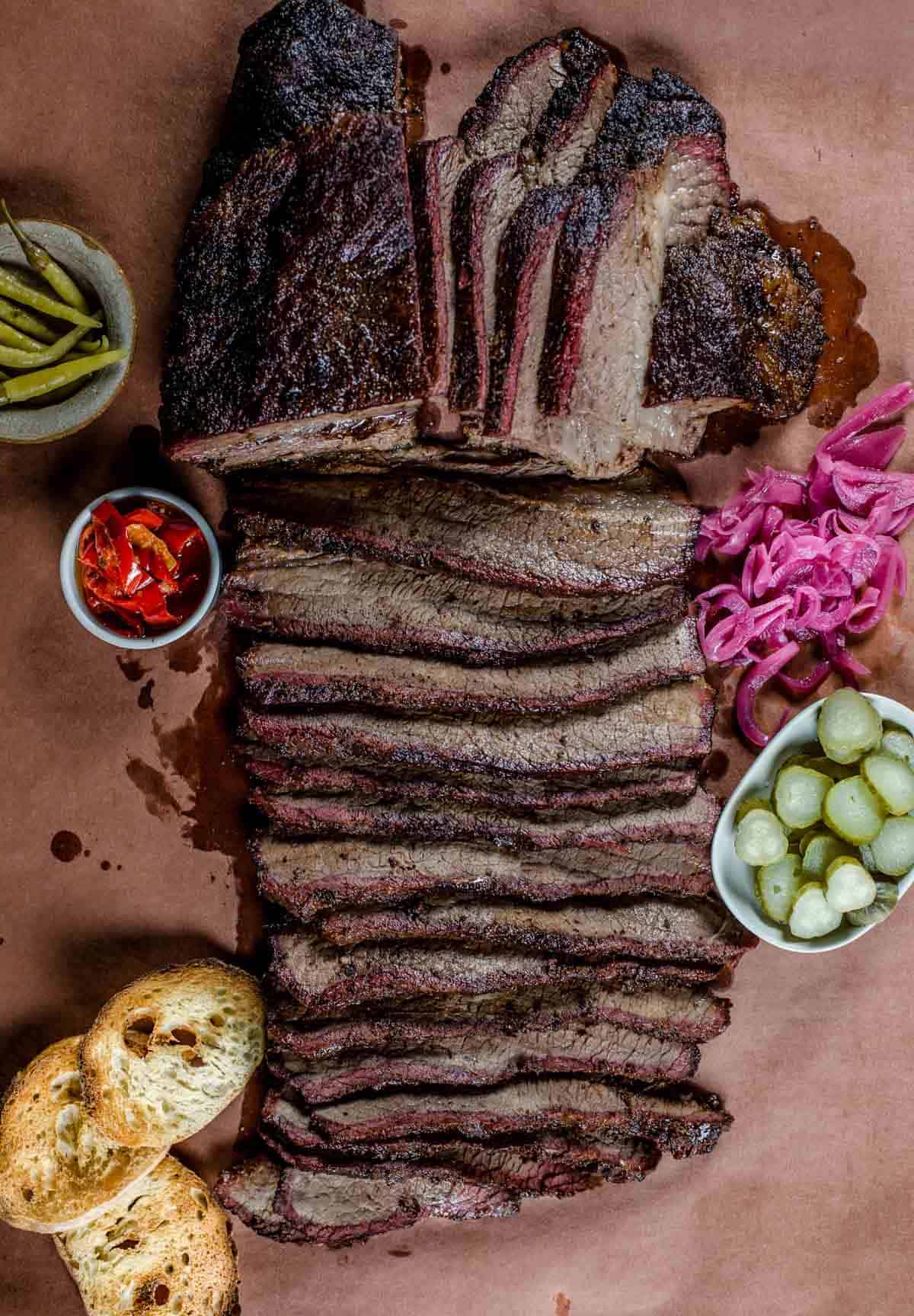 Smoked and sliced brisket.