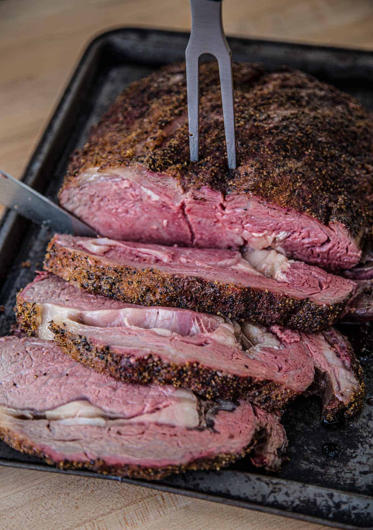 Slicing a boneless prime rib Roast