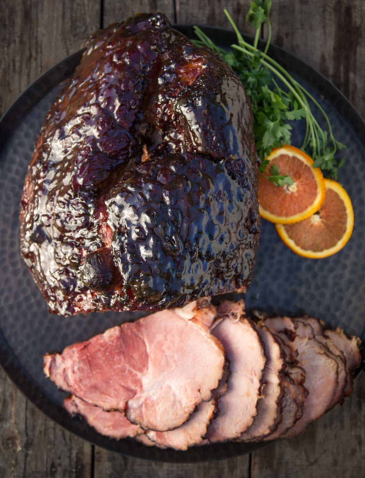 Smoked Ham with brown sugar glaze slices on a serving dish