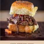 Italian roast beef slider image and an image of the roast beef in pan and sliced