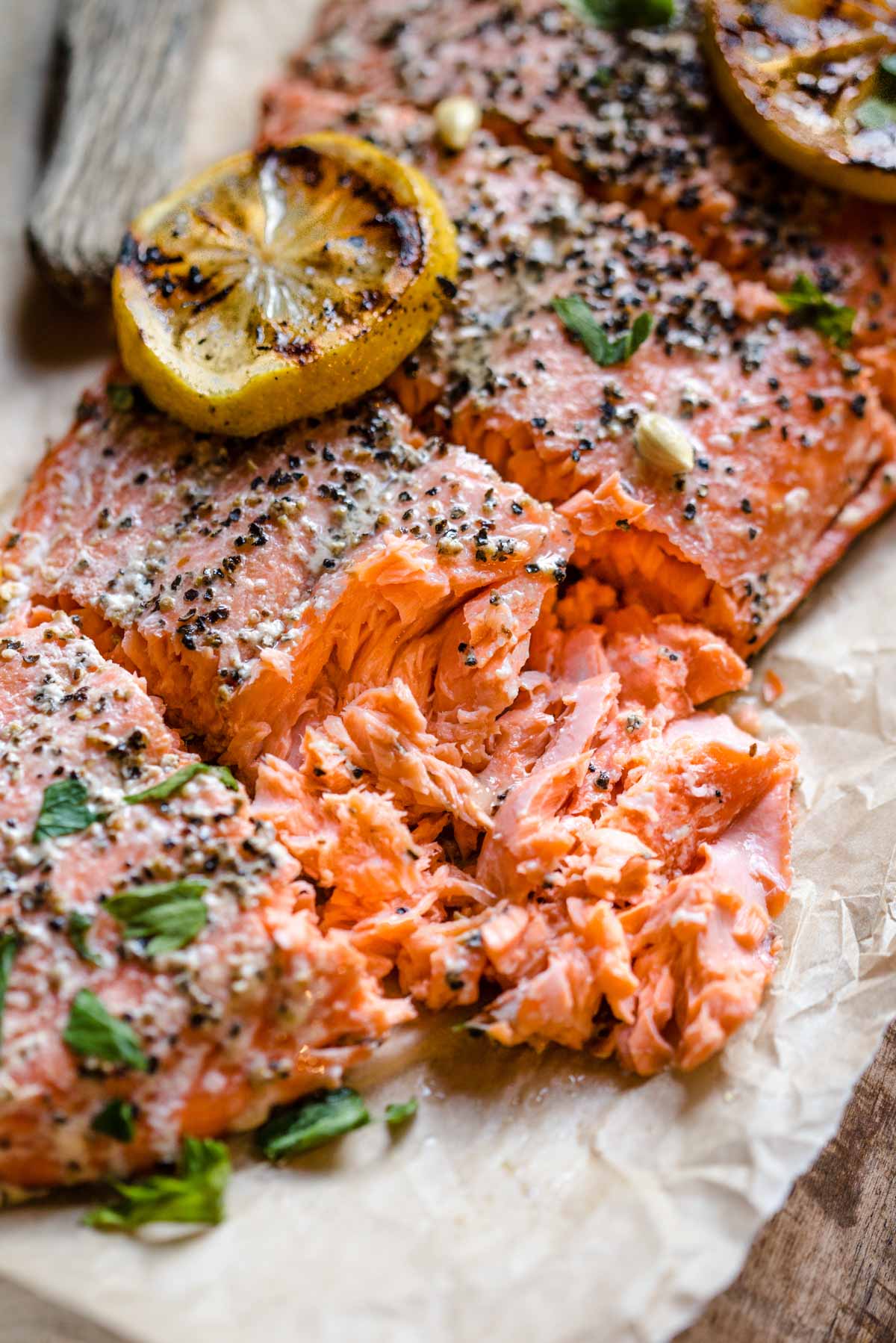 A closeup of tender smoked salmon filet