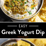 A bowl of greek yogurt with green chile dip surrounded by tortilla chips