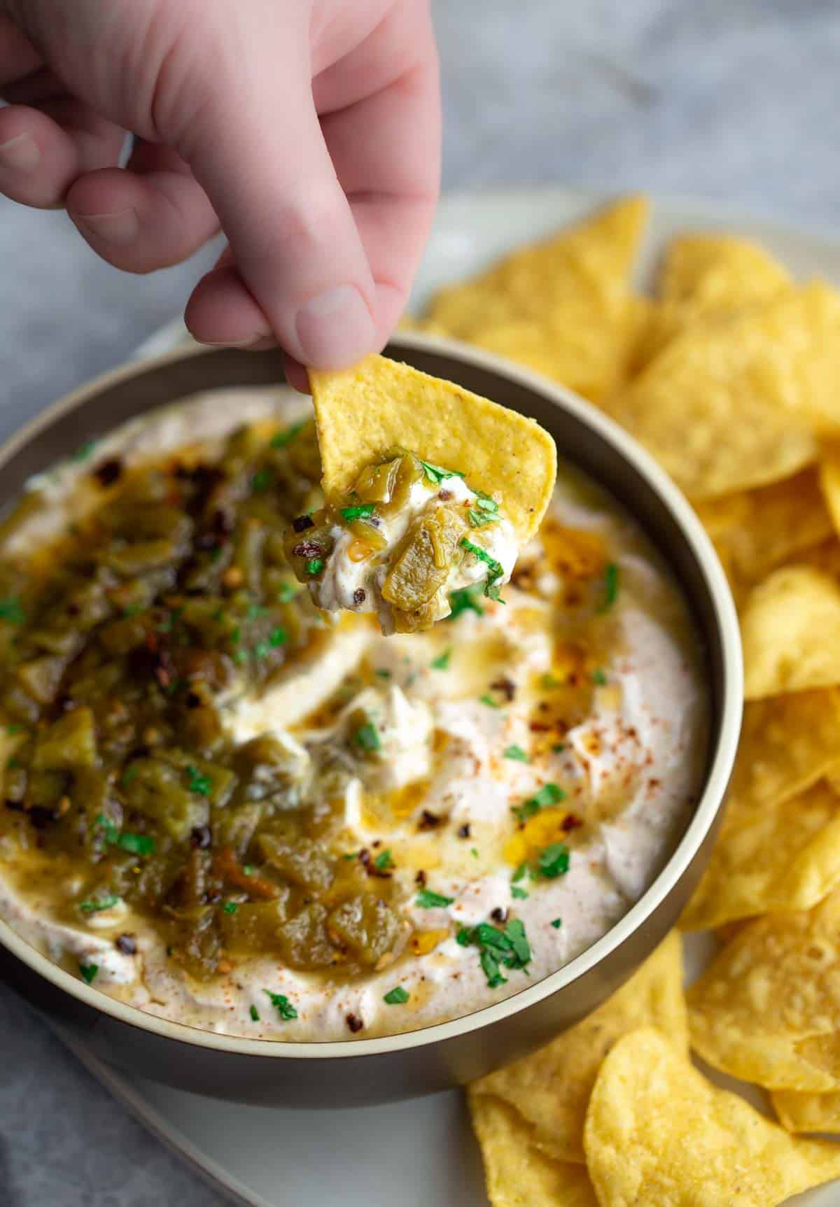 A hand holding a chip dipped in Greek Yogurt Green Chile Dip