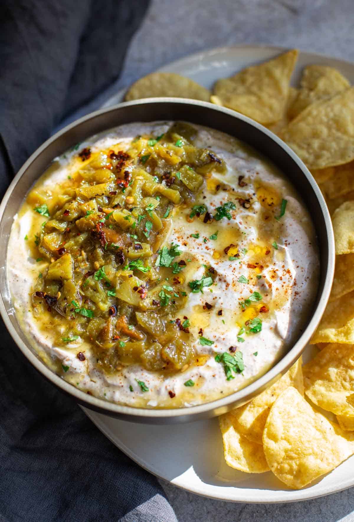 Easy Greek Yogurt Dip topped with Green Chile in a bowl