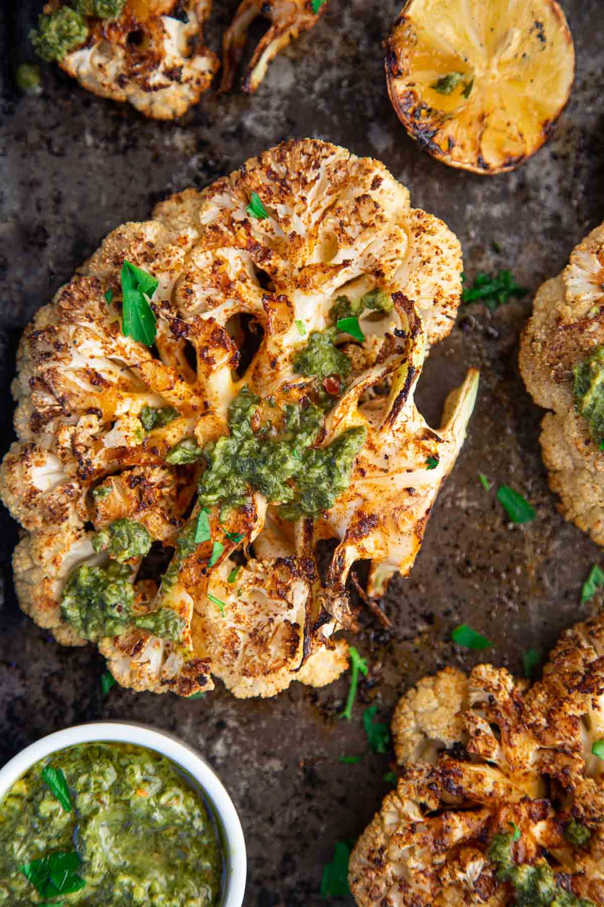 Grilled Cauliflower Steaks on a sheet pan