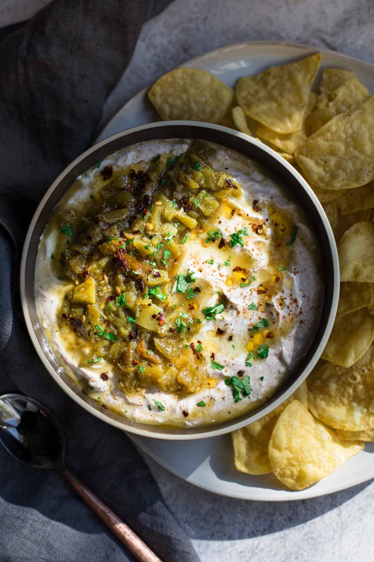 Green Chile Greek Yogurt Dip in a bowl.