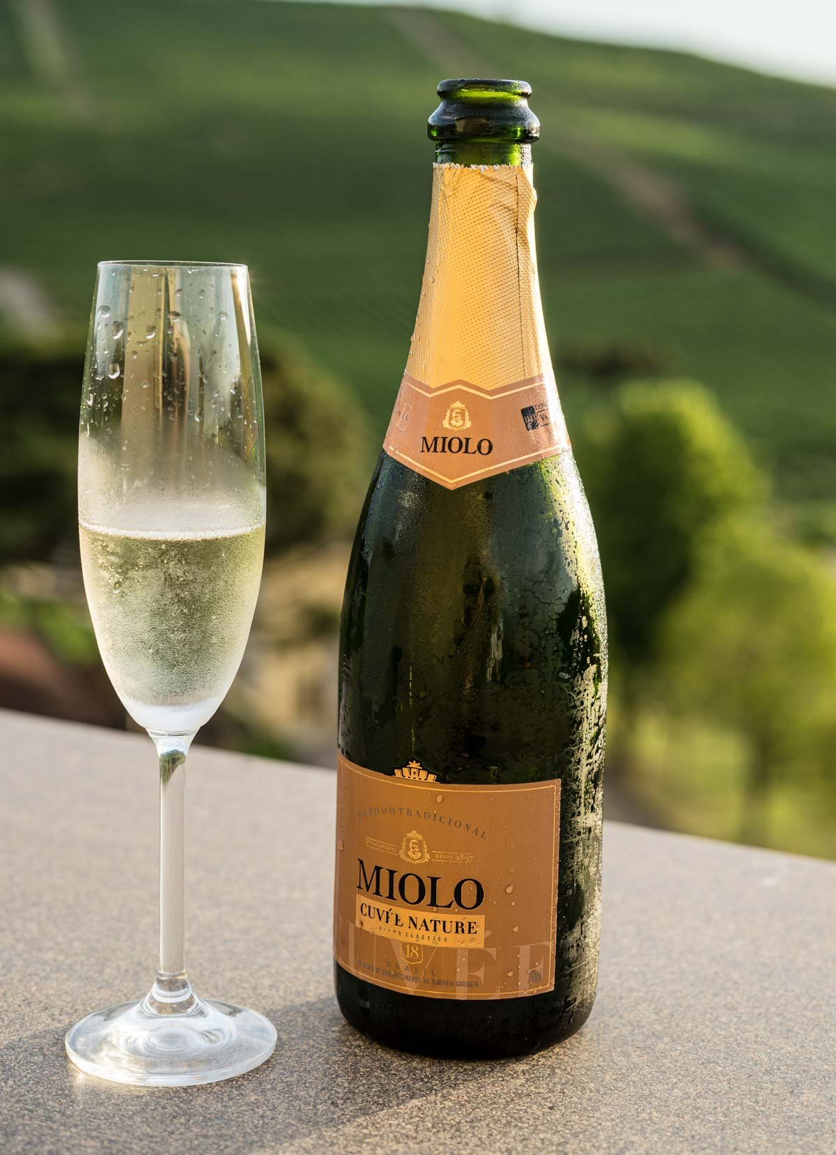Miolo sparkling wine and glass.