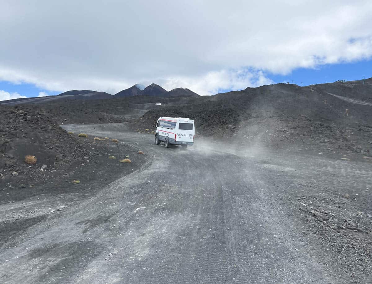 Driving to the top of Mt. Etna on a tour bus