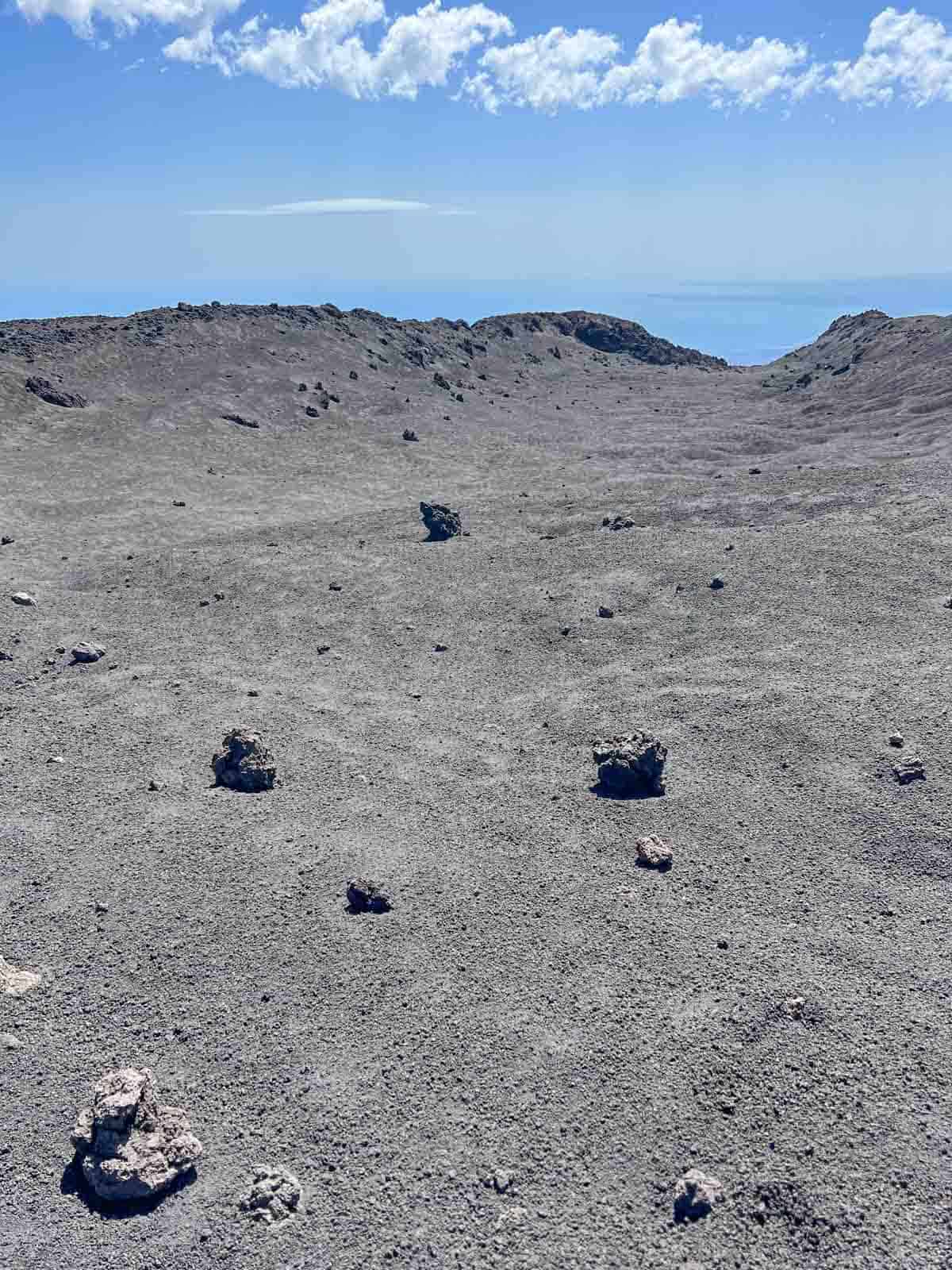 A view of the rocky terrain at the top of Mt. Etna Volcano