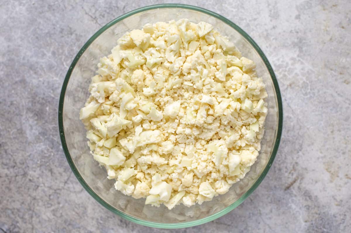 Chopped cauliflower "rice" in a bowl