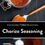 A jar with a tablespoon laid over the top of it containing the ultimate chorizo seasoning