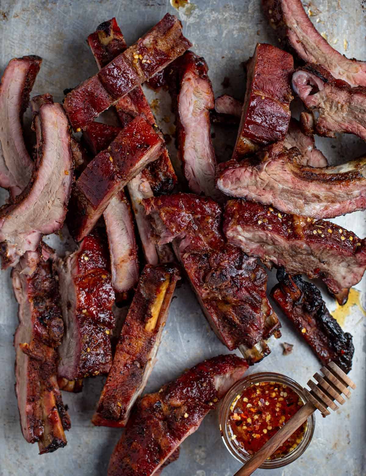 hot honey ribs on a sheet pan 