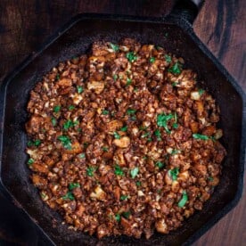 Vegetarian Chorizo in a cast iron pan