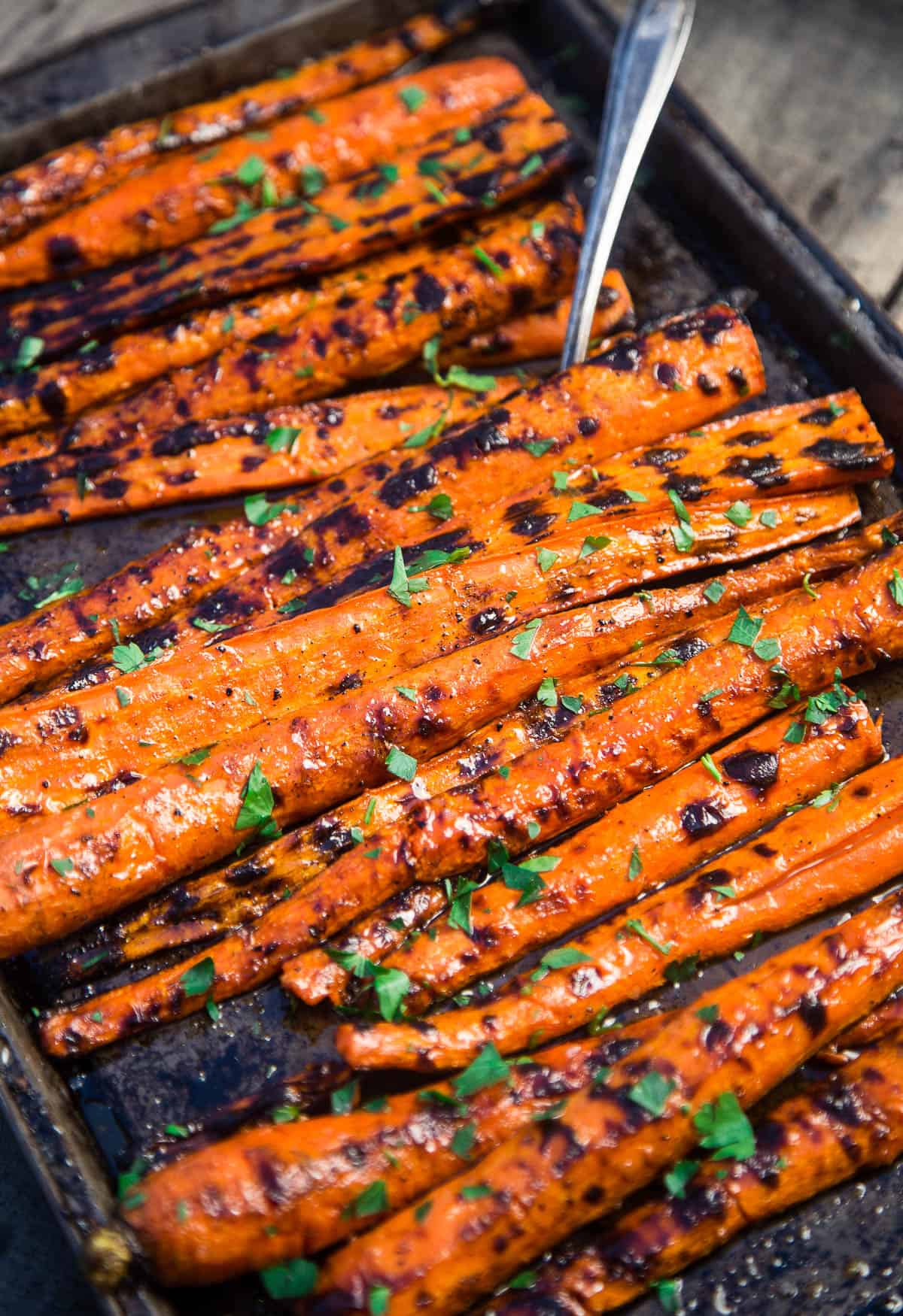 Grilled and Glazed Carrots on a serving platter