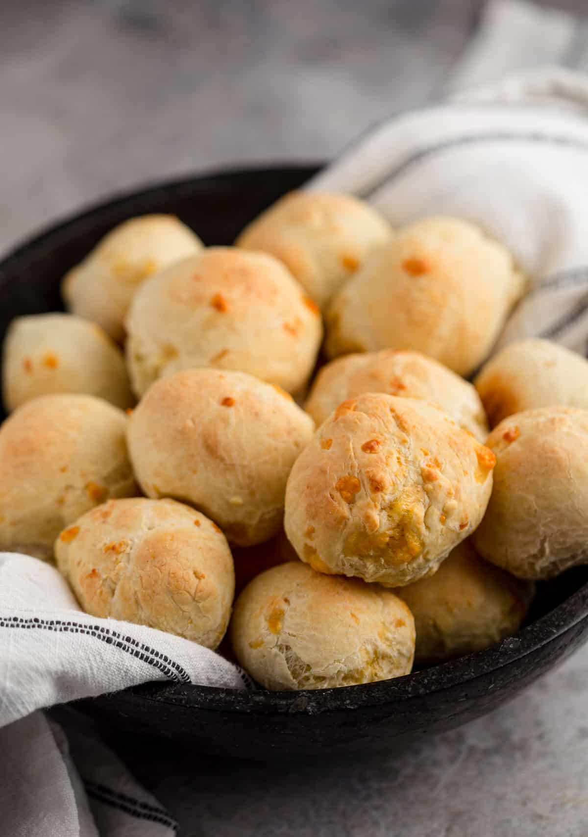 Pao de Queijo Brazilian Cheese Bread in a serving bowl