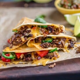 Shredded Beef Quesadilla on a cutting board.