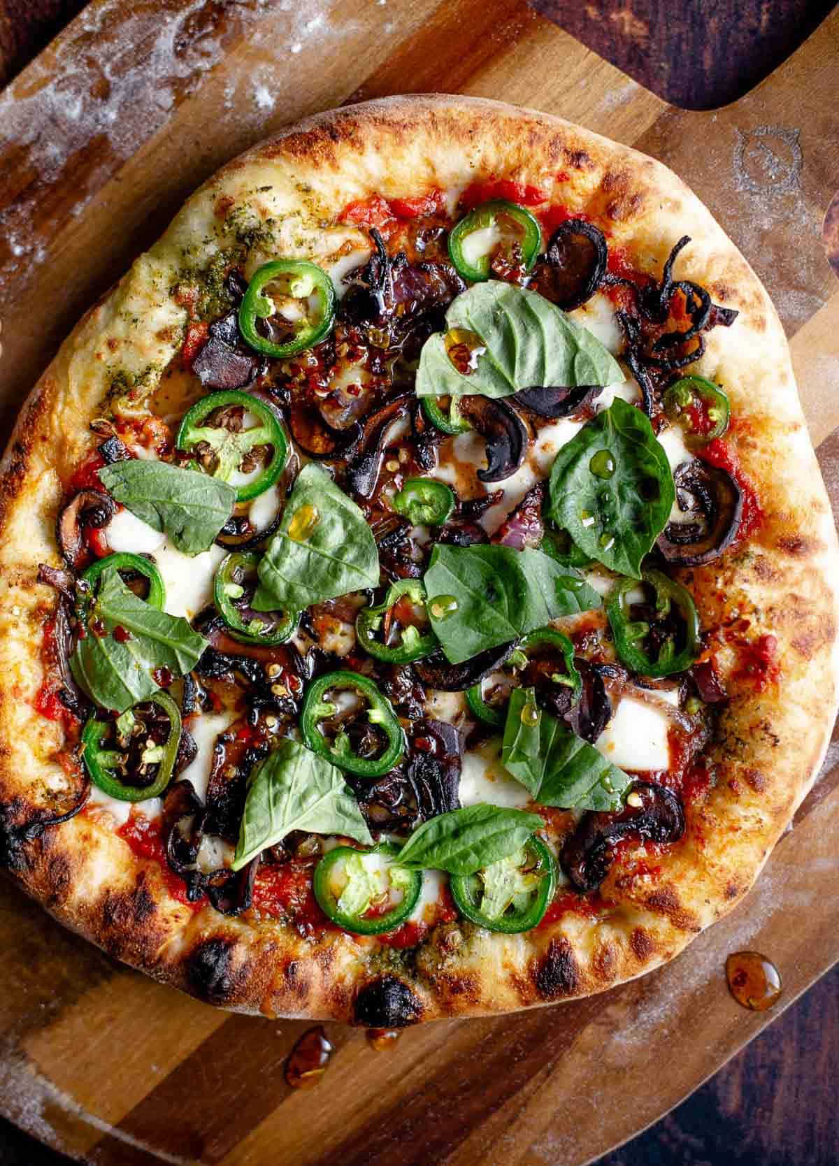 Veggie pizza with mushrooms and caramelized onions.