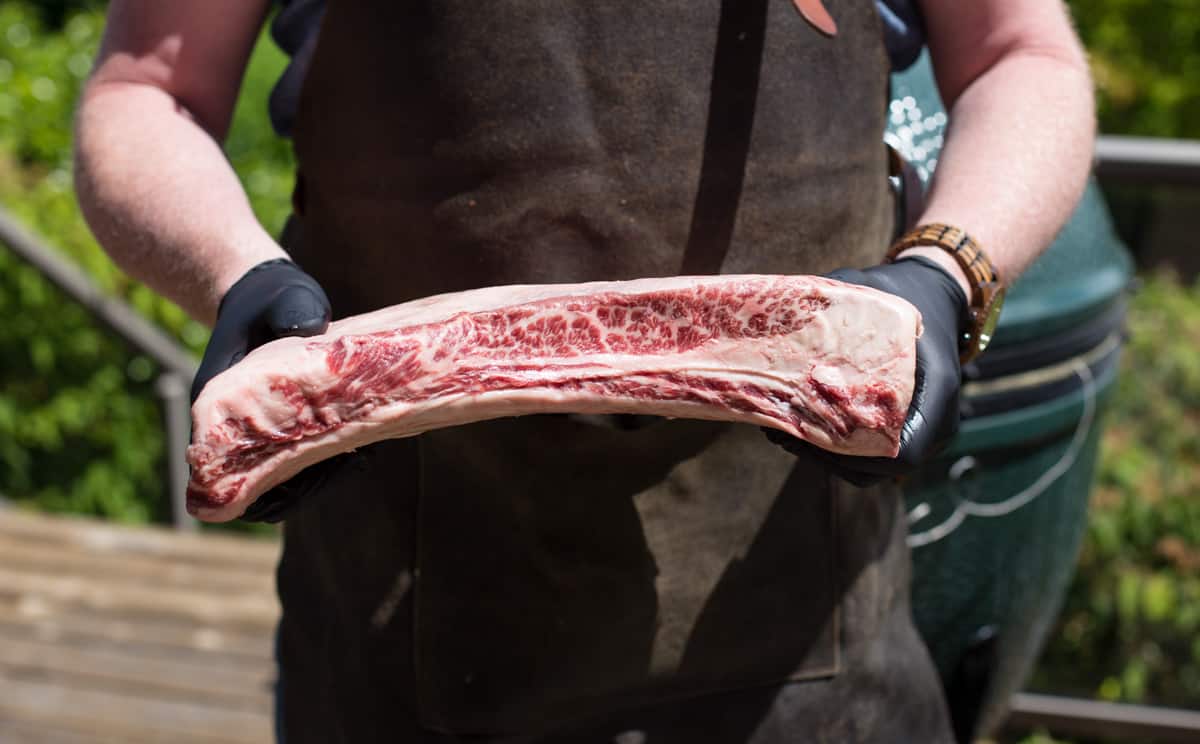 Side view of raw beef plate ribs to show thickness 