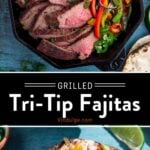 Tri tip slices with onions and peppers in a skillet for fajitas.