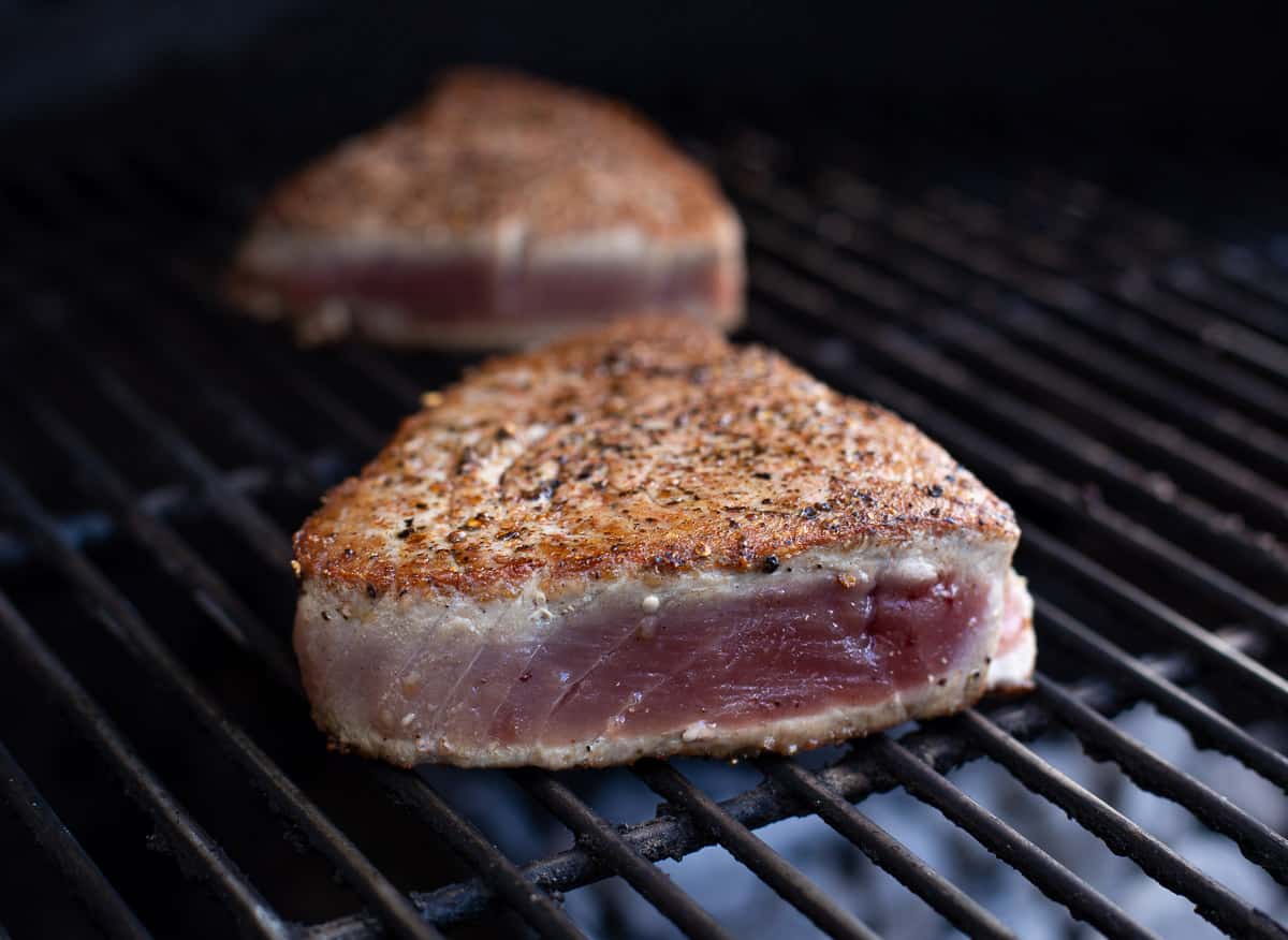 Ahi Tuna Steaks on the grill cooked to rare