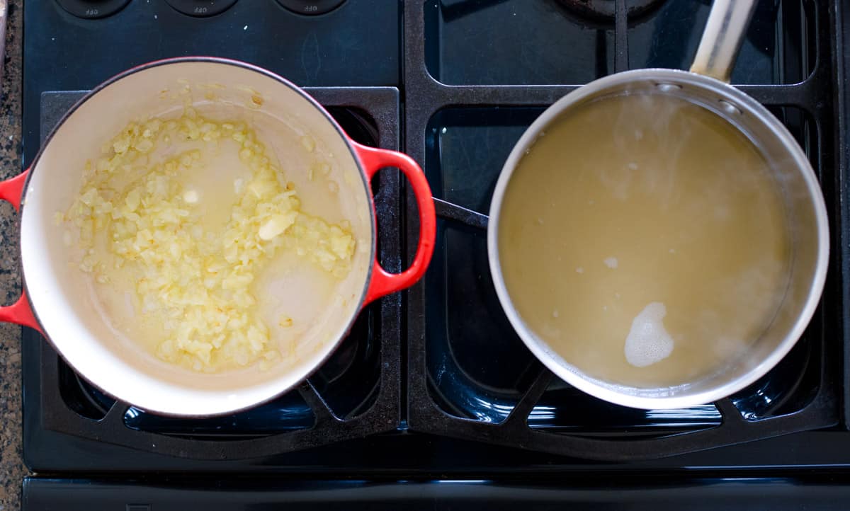 Process photos for making risotto ad warming the stock in a pan.