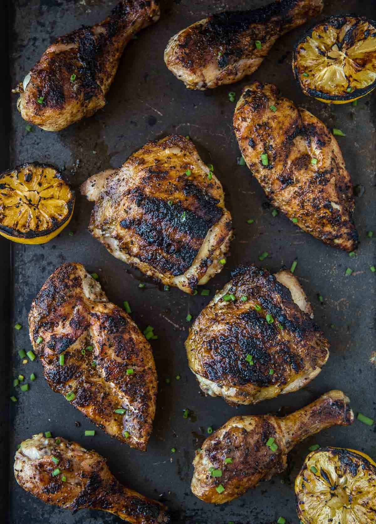 Perfectly grilled chicken pieces on a serving platter
