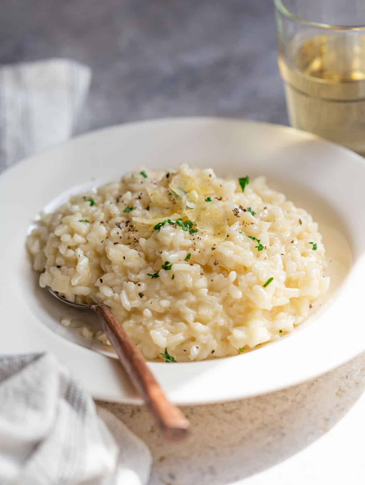 Prosecco Risotto (with sparkling wine) in a serving dish