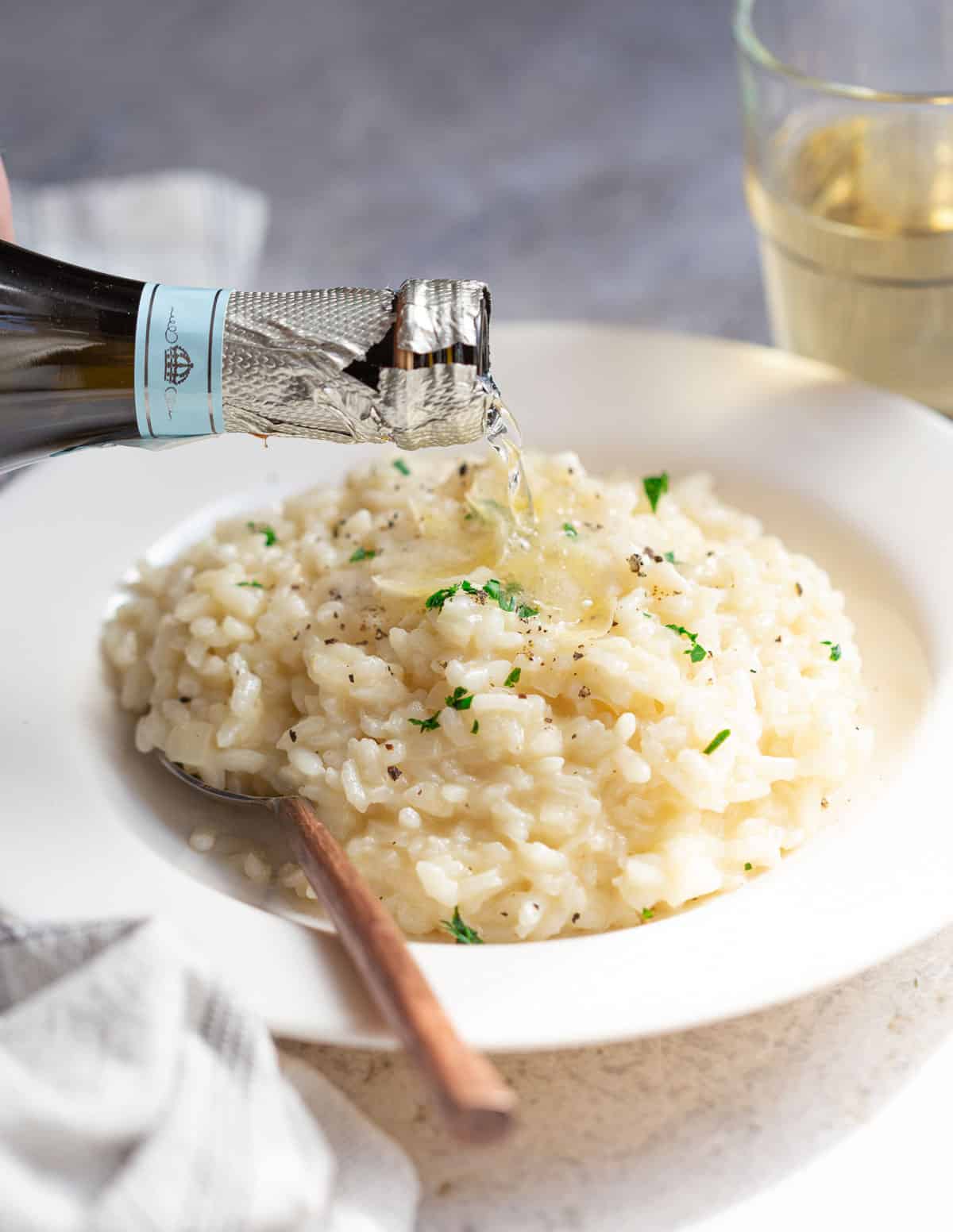 Risotto with Prosecco served on top 
