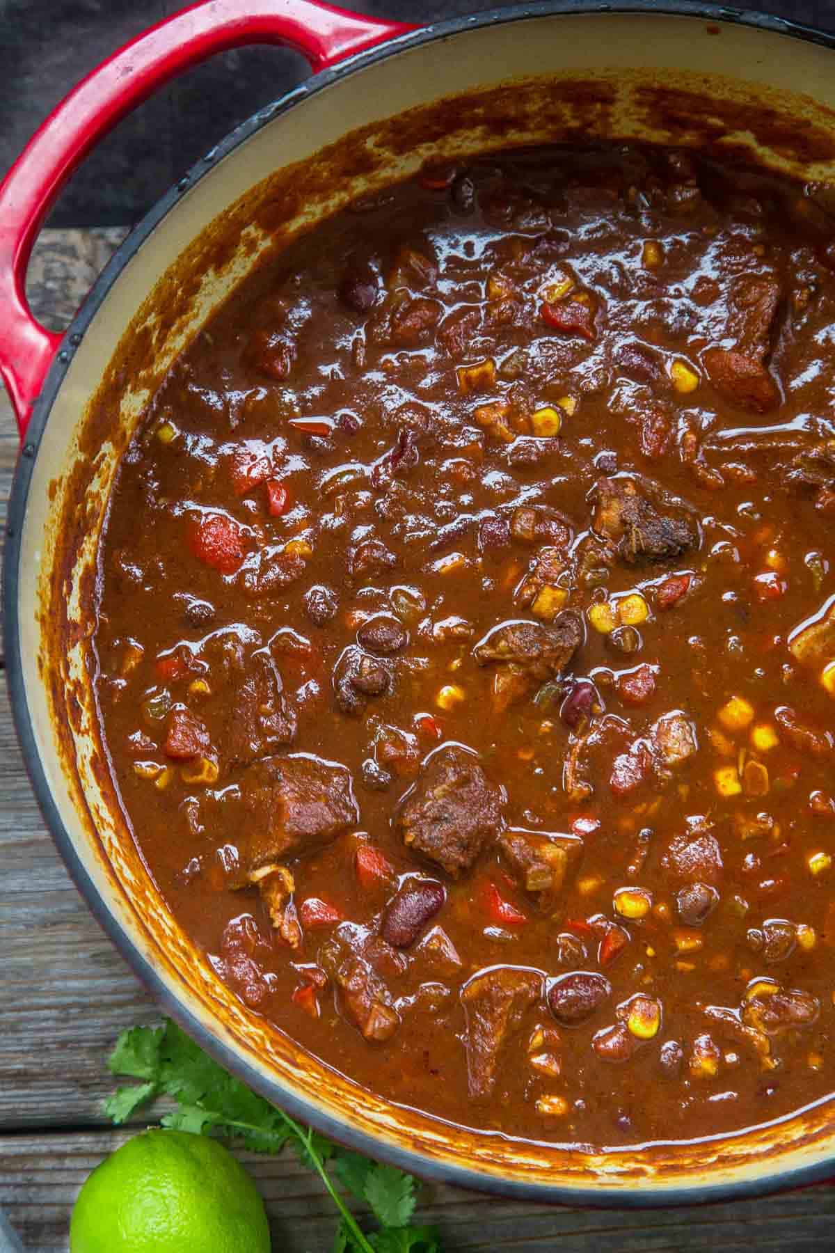 Smoked Brisket Chili in a dutch oven