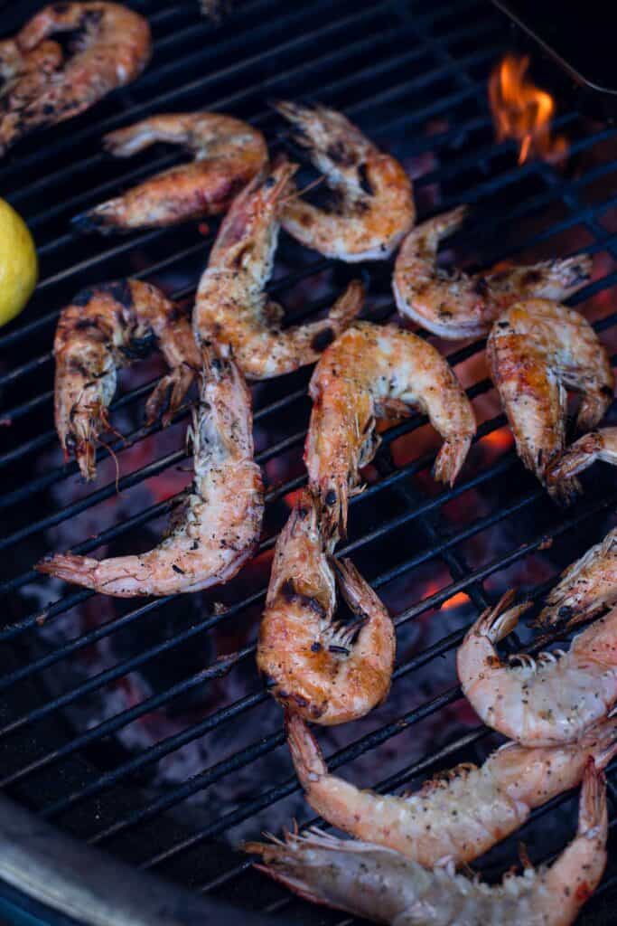 Grilled prawns after flipping and grilling direct on a Big Green Egg.