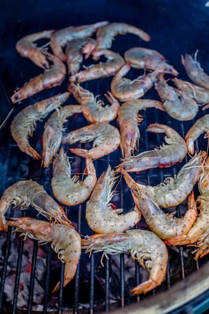 Prawns over direct heat on a Big Green Egg.