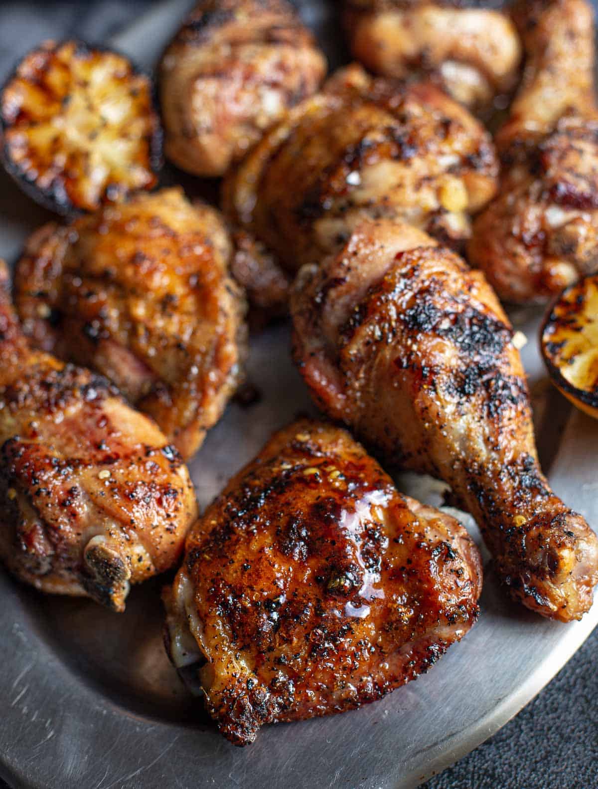 Pieces of Hot Honey Grilled Chicken on a serving platter