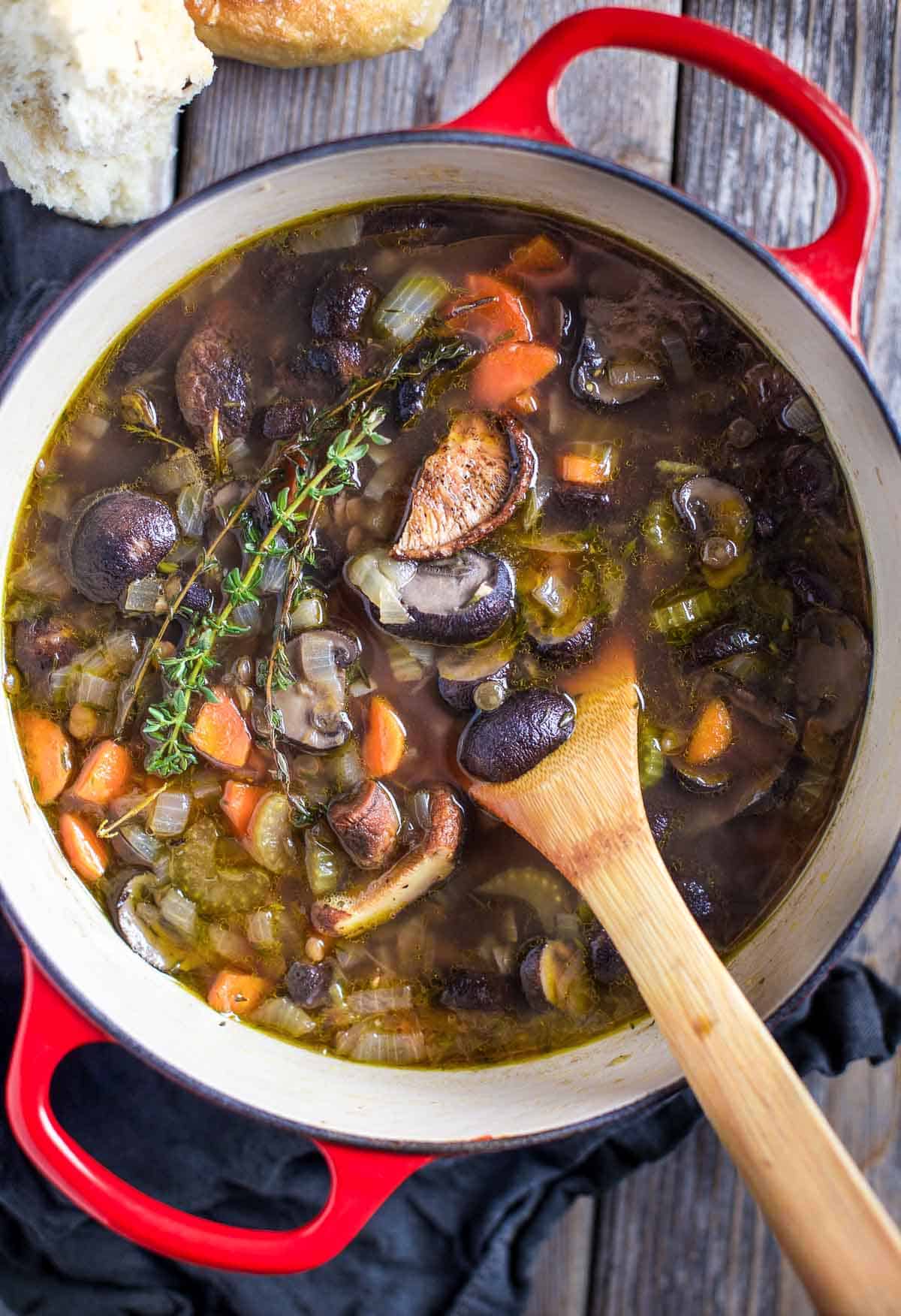 Lentil Soup with Smoked Mushrooms in a dutch oven