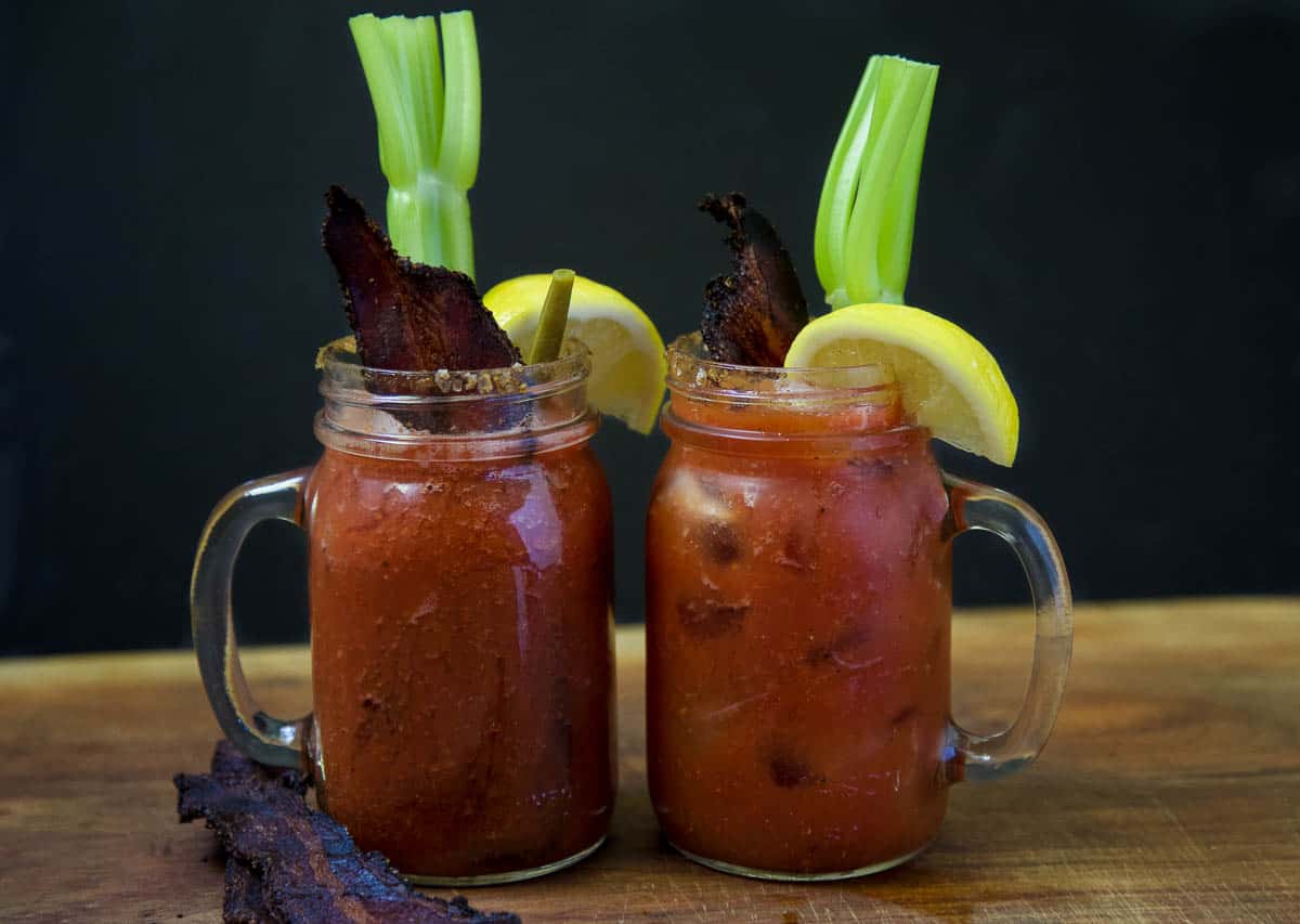 Two glasses with Smoked Bloody Marys