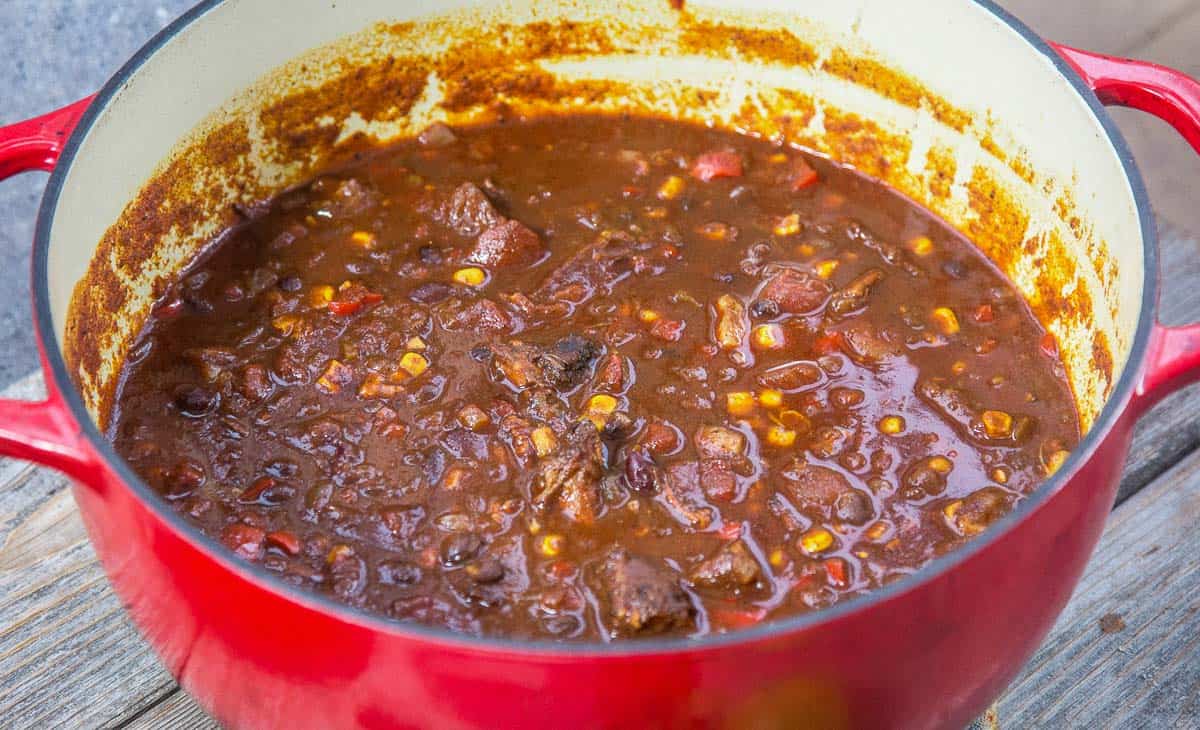 Brisket Chili in a dutch oven