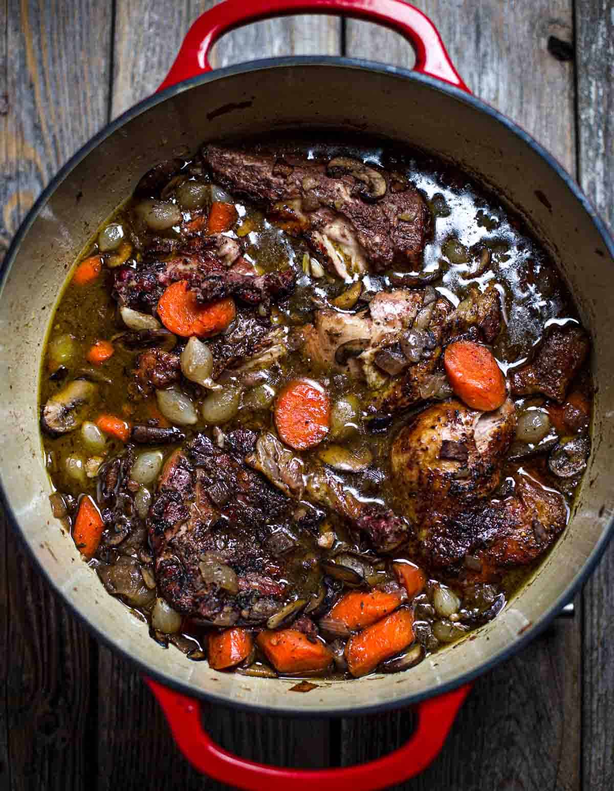 Smoked Coq au Vin in a large dutch oven