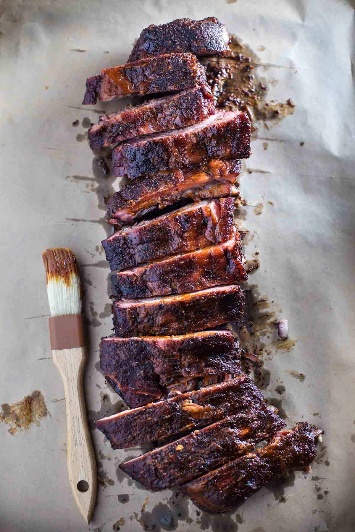 A rack of Smoked Ribs coated with a Low Sugar BBQ Sauce