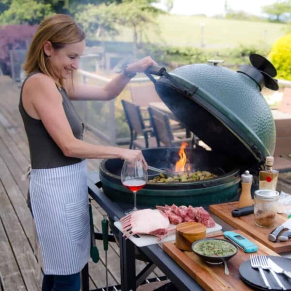 Mary Cressler of Vindulge grilling lamb on a big green egg.