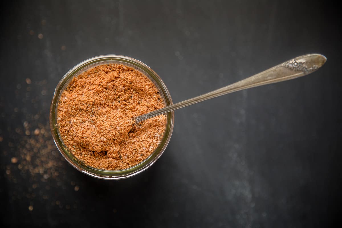 Homemade dry rub in a mason jar top down view