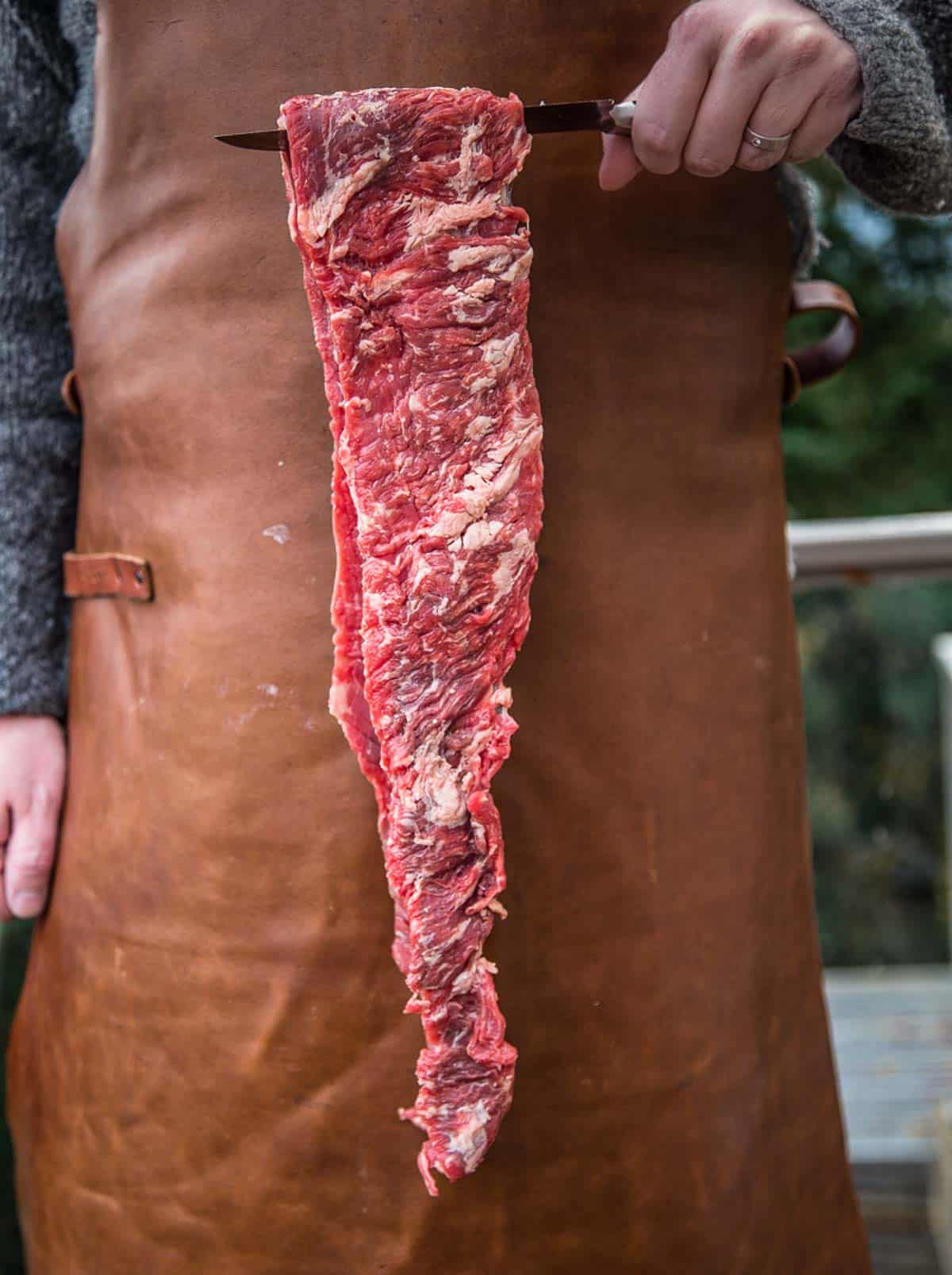 A long thin cut of outside skirt steak.