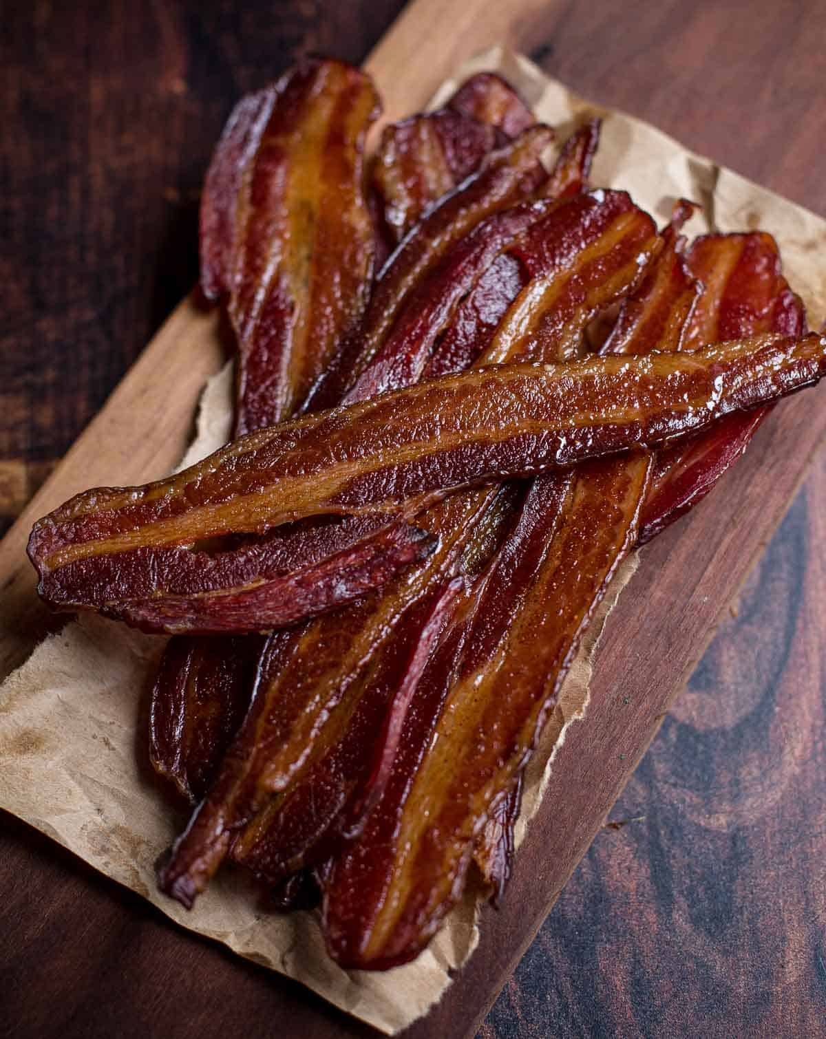 Pieces of Smoked Bacon with Maple Glaze on a serving dish