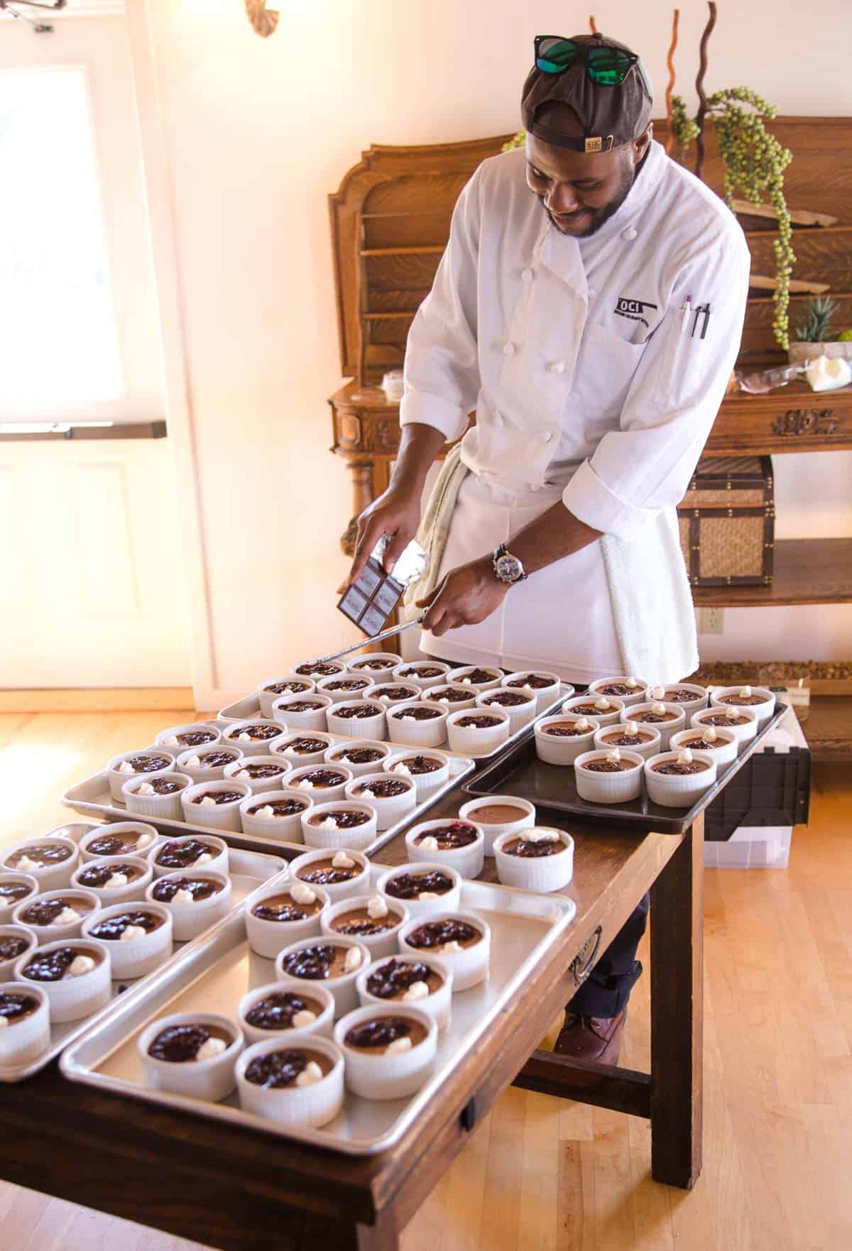 Making smoked chocolate pot de creme for a crowd