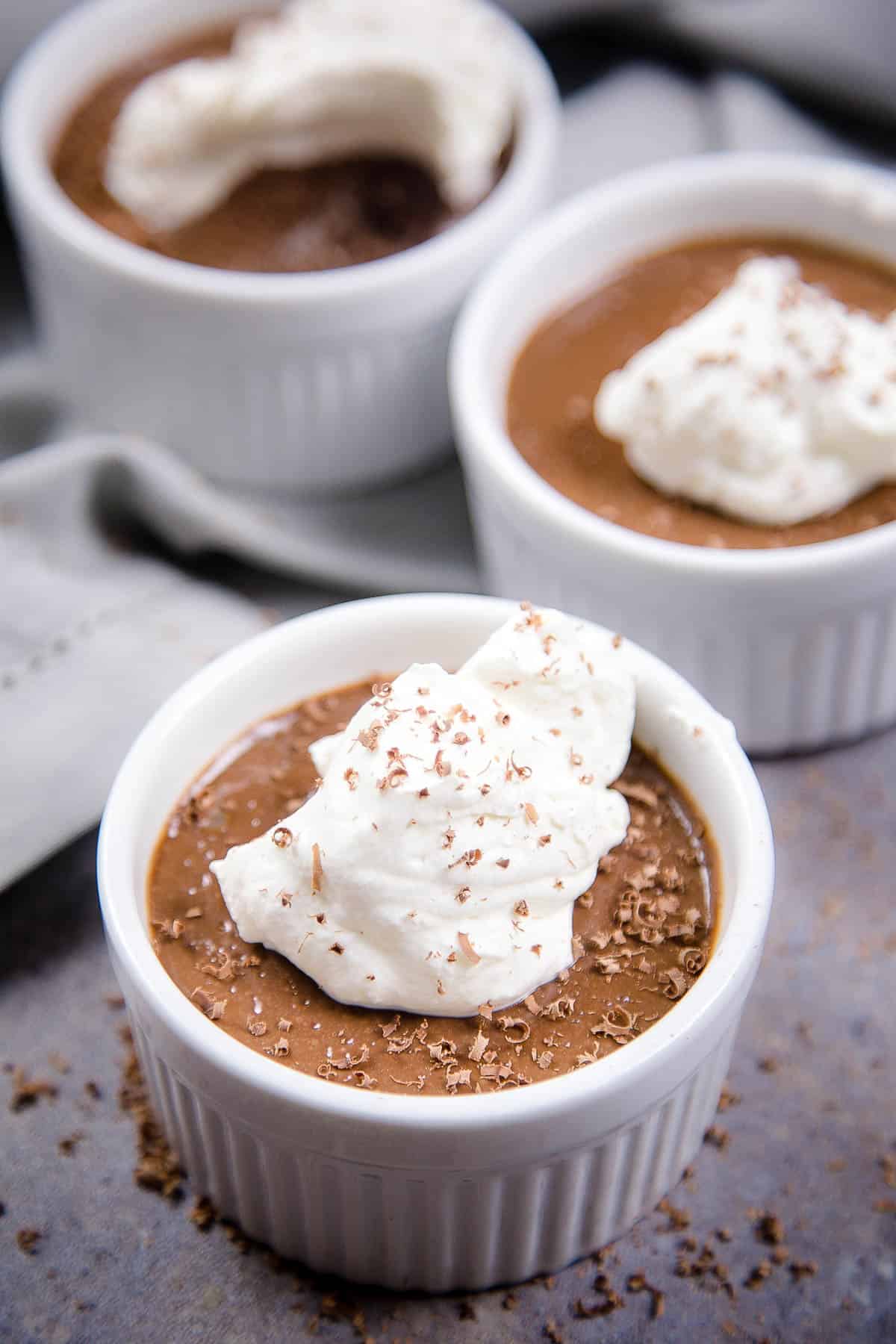 Smoked Chocolate Pot de Creme in ramekins